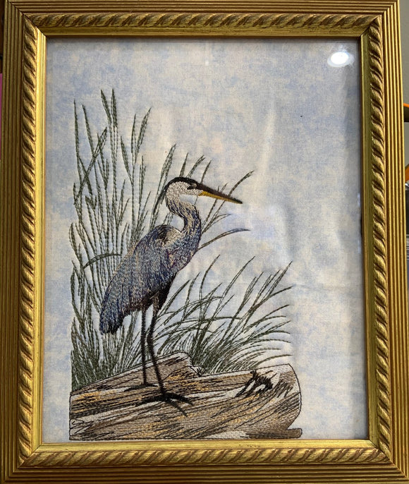 Blue Heron Embroidery Art Framed
