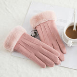 Lace Cute Bear Double Thick Plush Wrist Touch Screen Driving Gloves