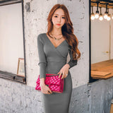 Women Knitted Cotton Solid Skinny Double V-Neck Sweater Slim Hip Dress