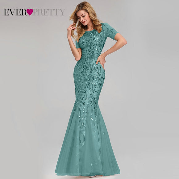 Ever-Pretty Saudi Arabia Short Sleeve Lace Tulle Mermaid Long Dress Gowns