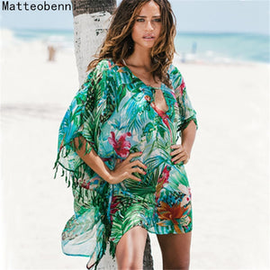 Matteobenni Women Print Pareo Beach Cover Up Chiffon Saida De Praia Tunic Kaftan Dress