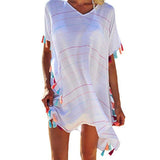 Hirigin Women Tassel V Neck Blouse Shirt Swimsuit Striped Cover Up Beach Dress