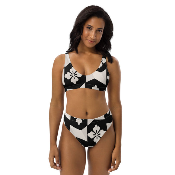 Black White Tiles Recycled high-waisted bikini