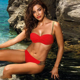 Women Solid Color Bandeau Biquini Swimsuit Push Up Bikini Set Beachwear