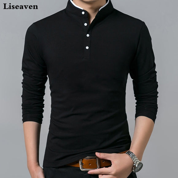 Liseaven Men Long Sleeve Solid Color Mandarin Collar T Shirt