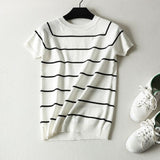 Women Summer Short Sleeve Solid Striped Pullover Sweater Knitted O-Neck Korean Top