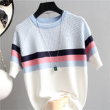 Women Short Sleeve Korean Sweater Knitted Pullover All-Match Basic Thin Top