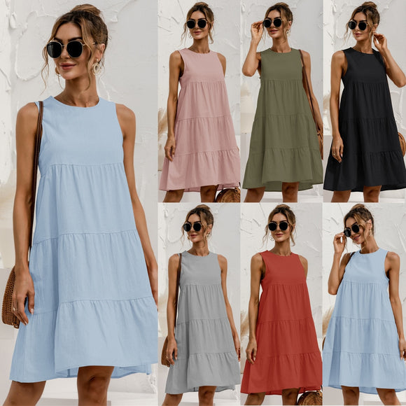 Women Cotton O-Neck Sleeveless Solid Midi Stitching Swing Loose Dress