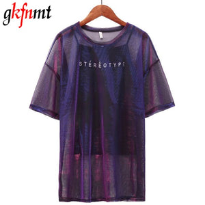 Women Two Sets Short Sleeve Colorful Transparent Long Big Sizes T-Shirt Top