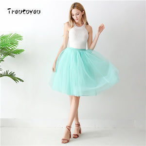 Treutoyeu 5 Layers 65cm Midi Tulle Pleated Skirts Short Tutu Jupe Falda Tul Plisada