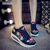 Veowalk Floral Embroidery Women's Flat Platforms Lace up Sneakers Shoes