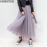 OHRYIYIE Vintage Womens Elastic High Waist Tulle Mesh Skirt Long Pleated Tutu