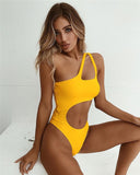 BeachShiny Women One Piece Solid Swimsuit High Cut Hollow Out Biquini
