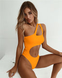 BeachShiny Women One Piece Solid Swimsuit High Cut Hollow Out Biquini