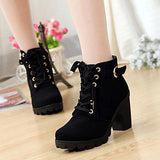 Women's Block Chunky Heel Lace-up Leatherette Mid-Calf Combat Boots